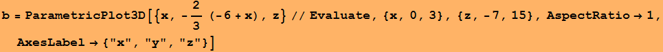 b = ParametricPlot3D[{x, -2/3 (-6 + x), z}//Evaluate, {x, 0, 3}, {z, -7, 15}, AspectRatio→1, AxesLabel→ {"x", "y", "z"}]